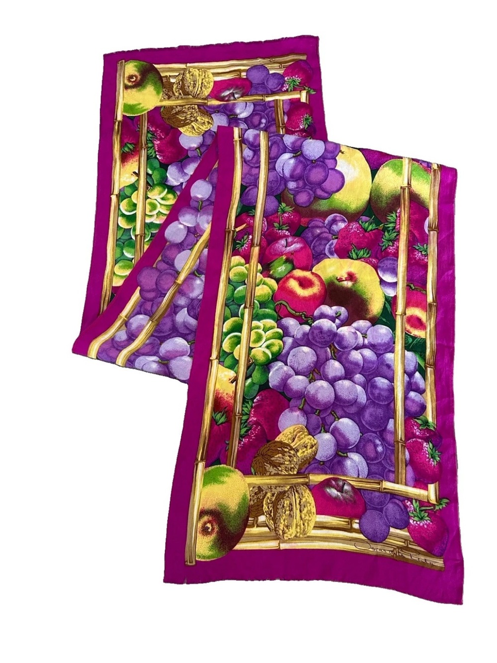 Vintage Oscar de la Renta Silk Scarf Fruit Grapes Bamboo Magenta 51x11